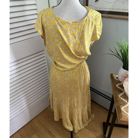 MAEVE ANTHROPOLOGIE Dress Medium Yellow Fete Midi Faux Wrap Feminine Casual - Picture 5 of 12